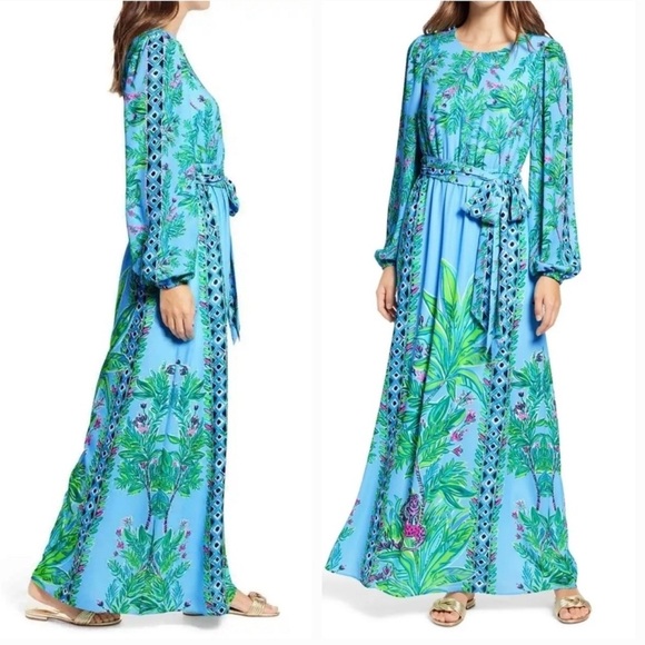 Lilly Pulitzer Chyanna Maxi Dress Women’s 14 Porto Blue Tropical Vacation - Picture 2 of 13